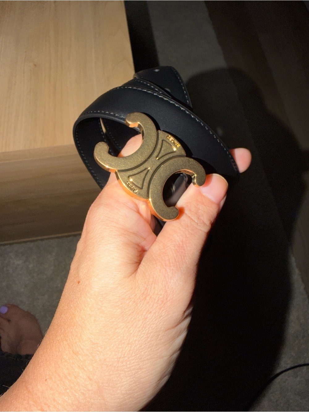 Celine Black Leather Belt with Gold Triomphe Buckle